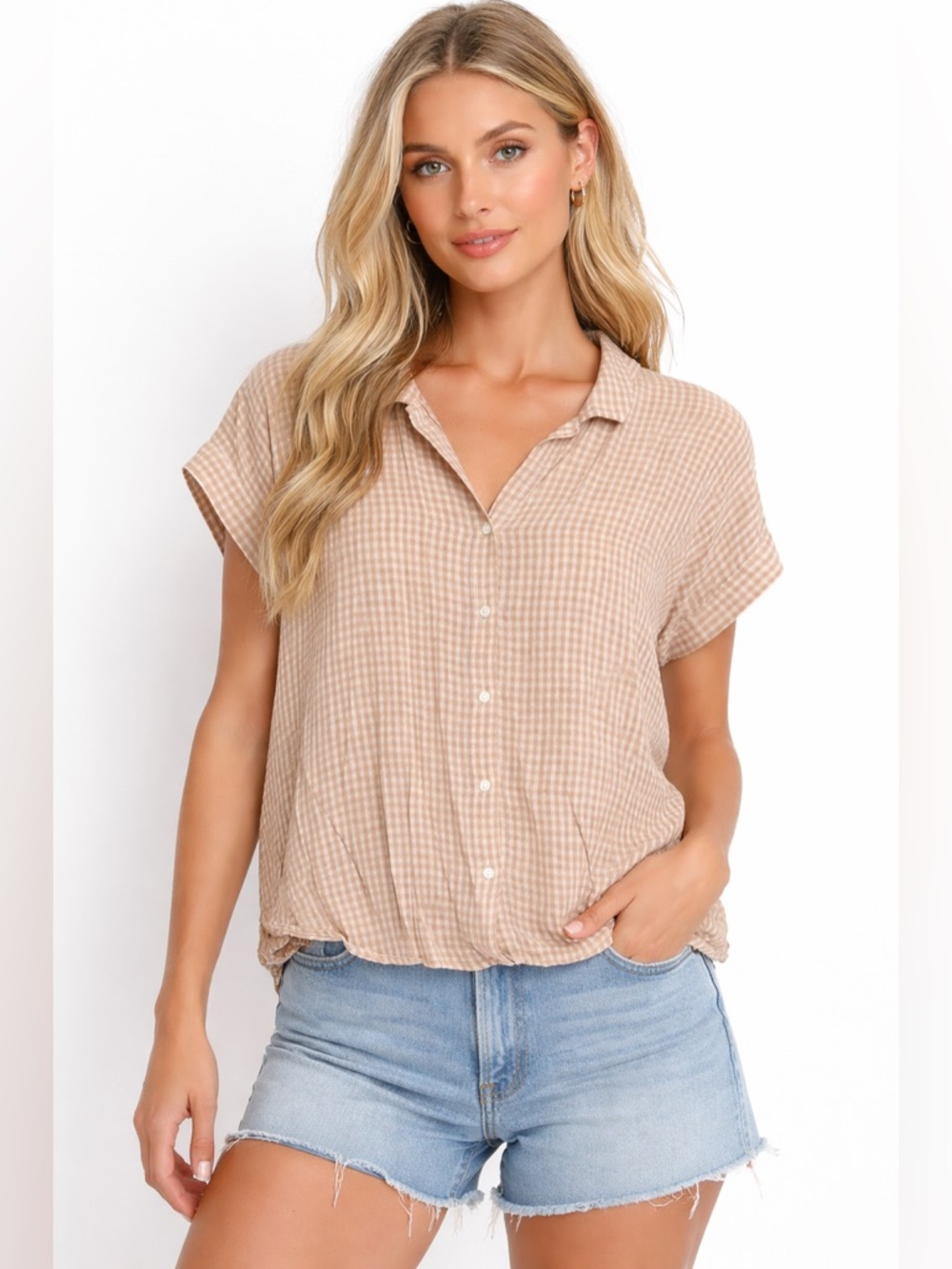 Lucky Brand Medium Tan White Gingham Button-Front Short Sleeve Top